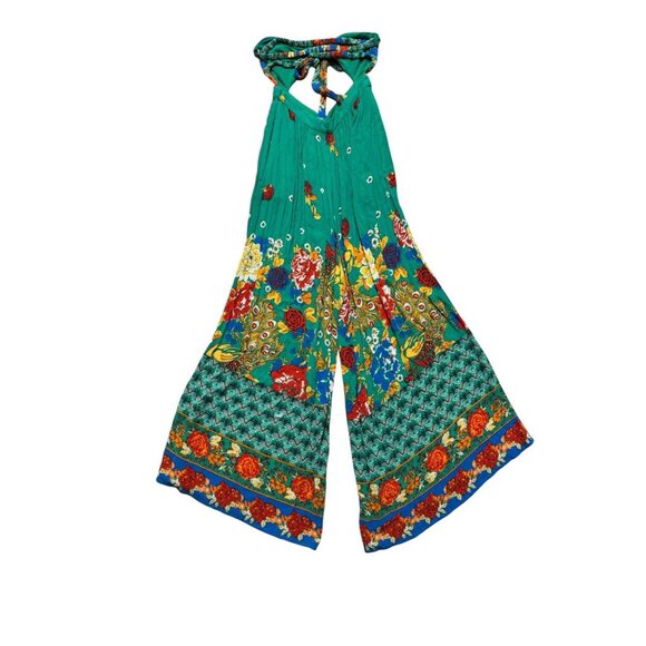 Free People Boho Wide Leg Jumpsuit Floral Peacock Tie Back Romper S - Picture 2 of 7